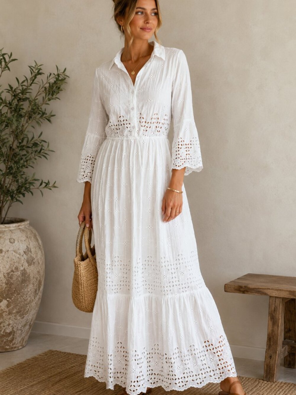Dress Naoo White Eyelet Embroidered Cotton Maxi Dress Size Large Boho Cottagecor